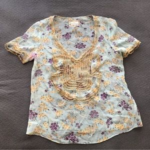 Free People 100% Silk Floral Blouse Lace Trim Sage Green Semi Sheer Medium